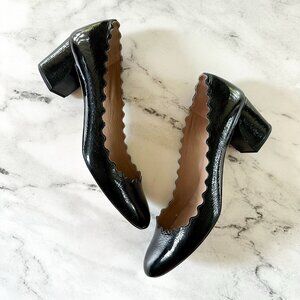 Chloe Womens Black Patent Leather Scalloped Low Block Pumps